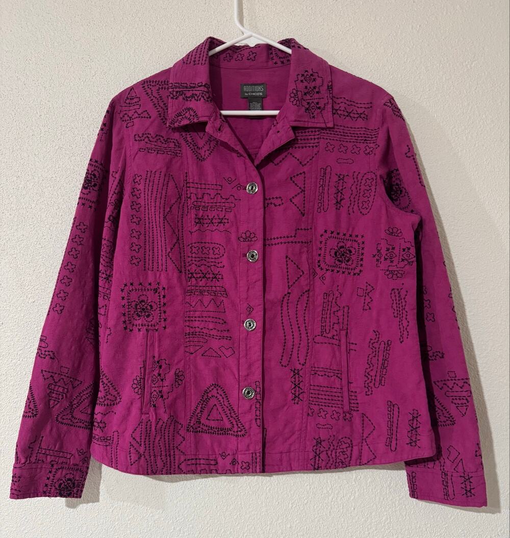 Vintage Vibes Chico's Additions Chic Magenta Embroidered Button Up Jacket Size 2